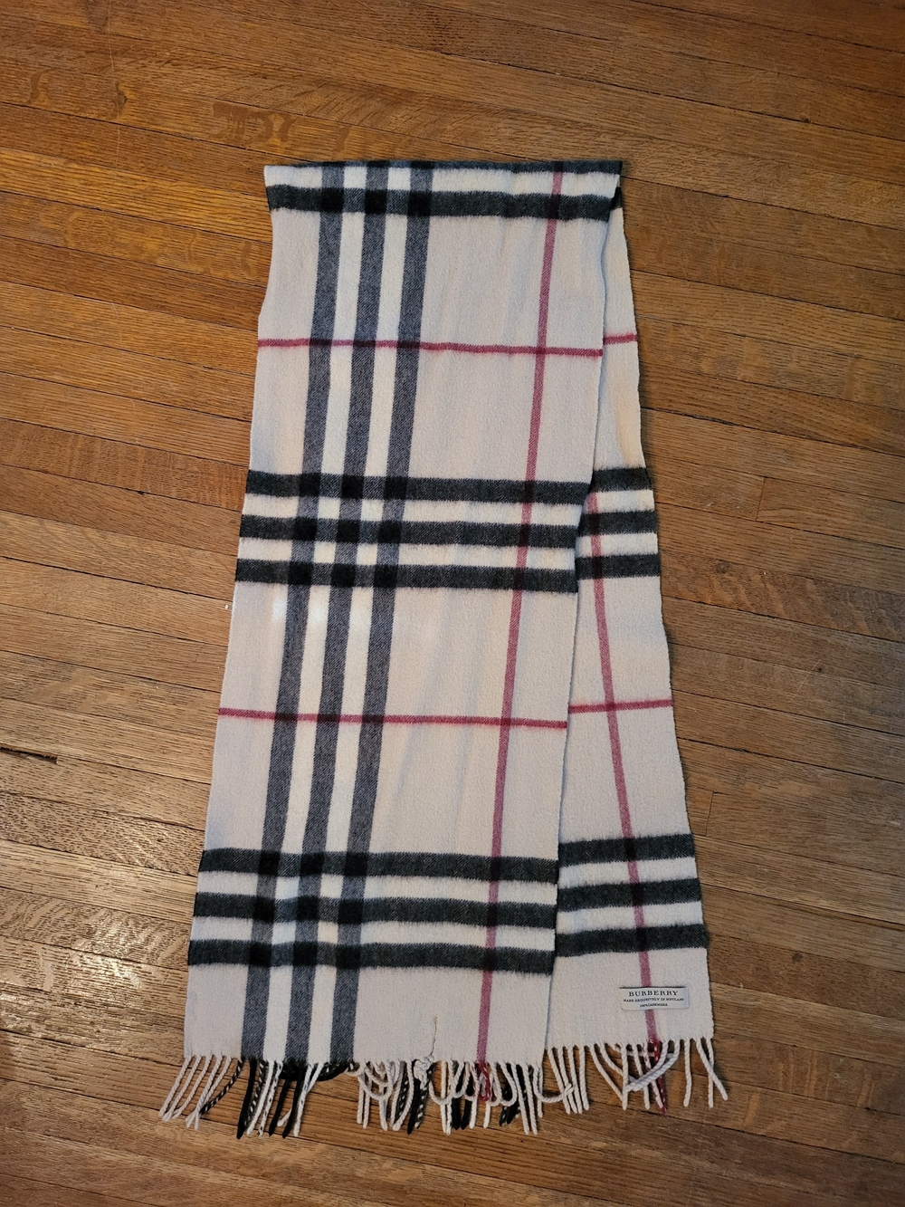 Burberry 100% Cashmere Ivory Check Scarf - Cream/Black/Red